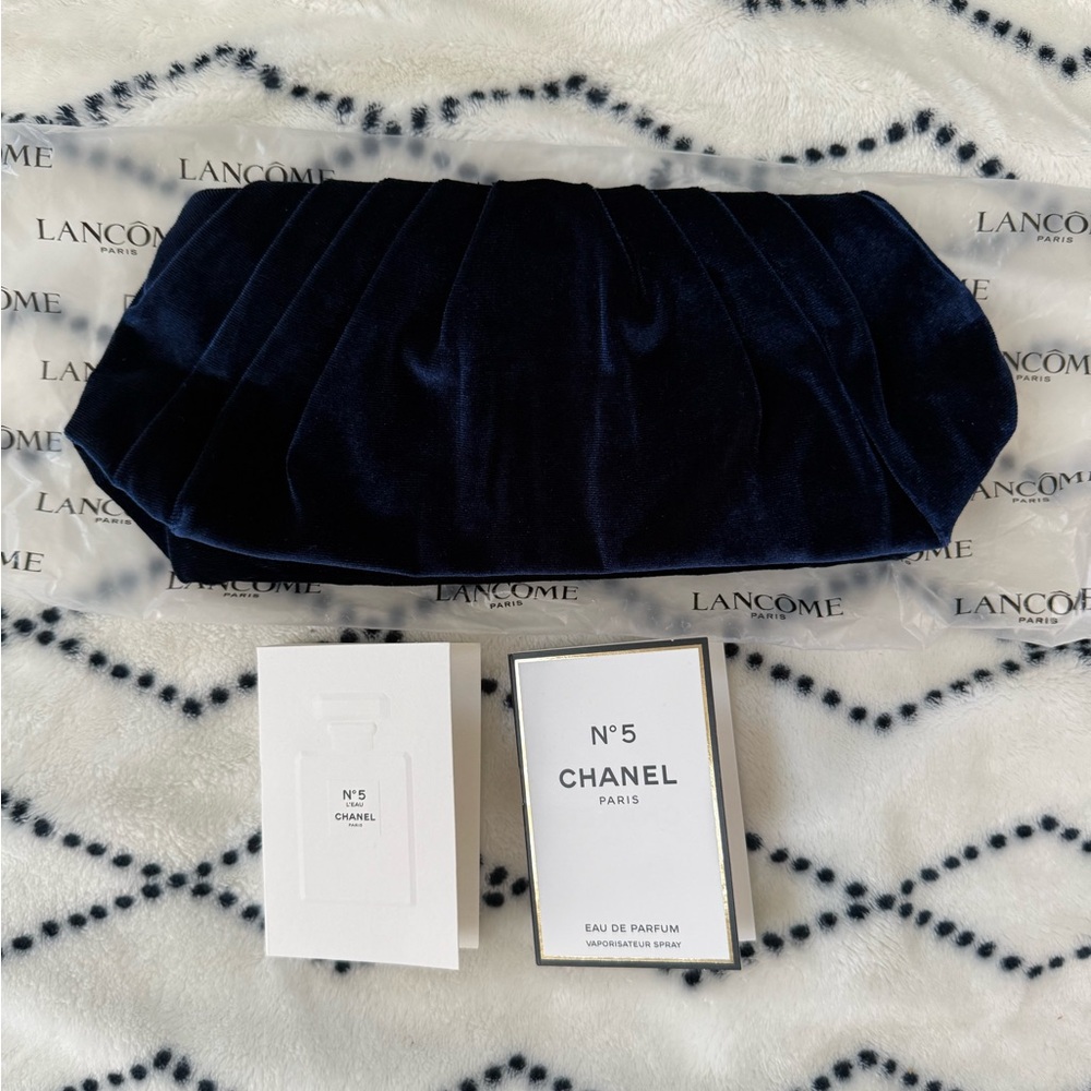 Lancome Navy Blue Velvet Clutch + N5 Chanel Perfume/Toilette (NEW)